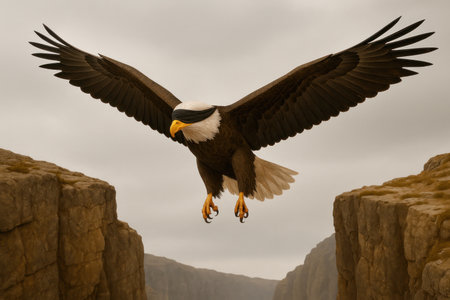 A blindfolded eagle flies between the rocksの素材