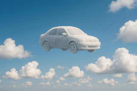 A car made of clouds floating in the blue sky. Space for textの素材