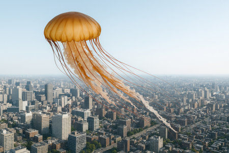 A huge jellyfish hovering over a modern city. Space for textの素材