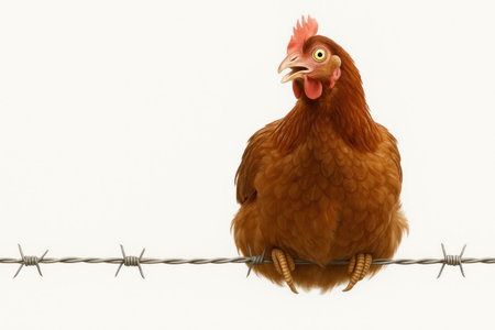 The chicken sits on the barbed wire with a surprised expression. Space for textの素材