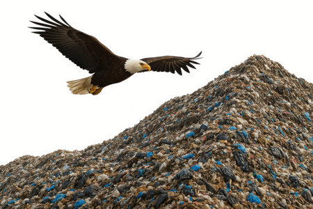 An eagle soaring over a mountain of garbageの素材