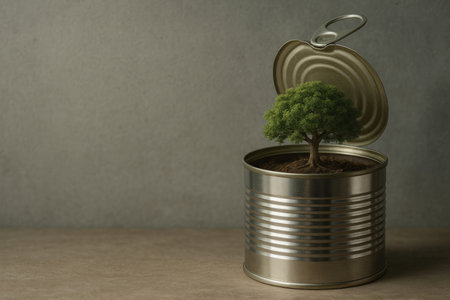 A small tree growing inside an open can. Space for textの素材