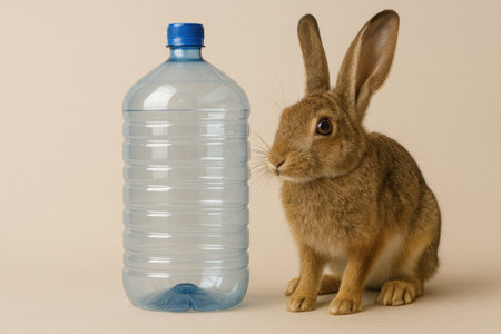 Rabbit sitting next to a large plastic bottleの素材