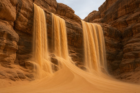 A waterfall made of sand in the rocks of the desertの素材