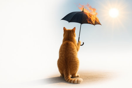 A cat holds a burning umbrella under the scorching sun. Space for textの素材