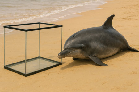 Dolphin on a sandy beach next to an empty aquariumの素材