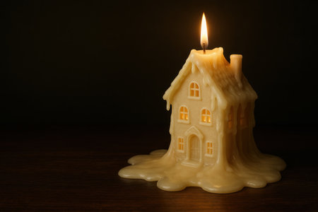 A candle-shaped house melting with flames. Space for textの素材