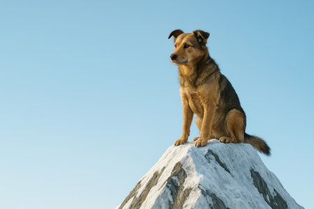 A dog sits on top of a snow-covered mountain under a blue sky. Space for textの素材