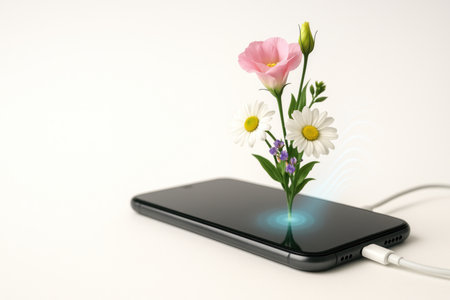 Flowers growing from the screen of a smartphone. Space for textの素材