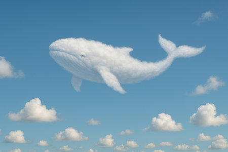 A whale from the clouds swimming in the blue sky. Space for textの素材