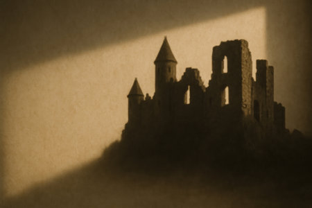 The shadow of an ancient castle on the wall in a ray of light. Space for textの素材