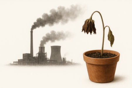 A withered flower in a pot against the background of a smoking plant. Space for textの素材