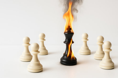 The burning black chess king is surrounded by white pawnsの素材