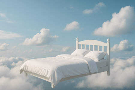 The bed floats in the clouds under the blue sky. Space for textの素材
