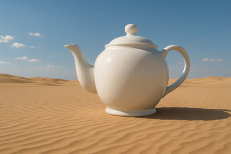 A white teapot standing in the desert under the blue skyの素材
