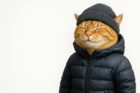 A ginger cat in a winter jacket and hat is smiling. Space for textの素材