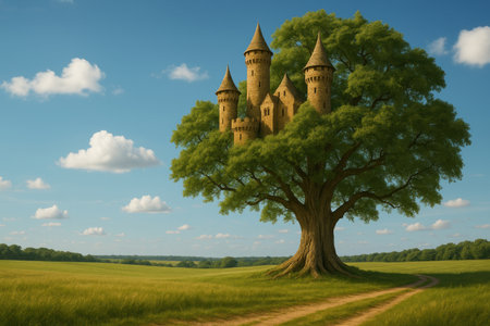 A castle on a tree in a green field under a blue skyの素材