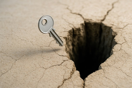 A key standing at the edge of a deep crack in the ground. Space for textの素材
