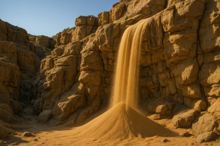 A waterfall made of sand in the rocks of the desertの素材
