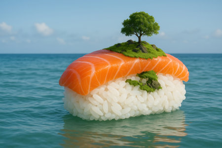 Sushi with salmon in the form of an island with a treeの素材
