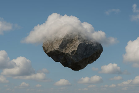 A stone floating in the sky and shrouded in cloudsの素材