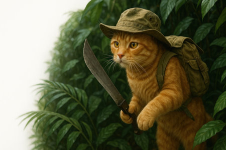 A cat in a hiking hat with a machete and a backpack in the jungle. Space for textの素材