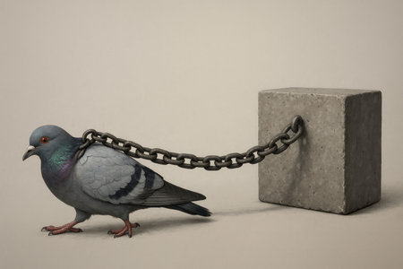 A pigeon chained to a concrete block. Space for textの素材