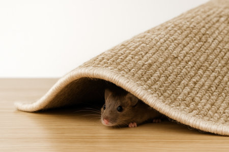 A mouse peeking out from under the carpet. Space for textの素材