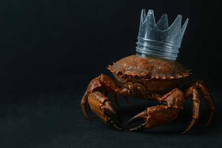 Crab with a crown from a plastic bottle on a black background. Space for textの素材