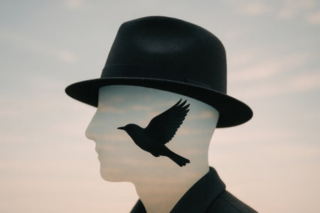 A man in a hat with the silhouette of a flying bird instead of a faceの素材