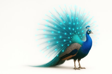 A peacock with a shining tail made of glowing fibers. Space for textの素材