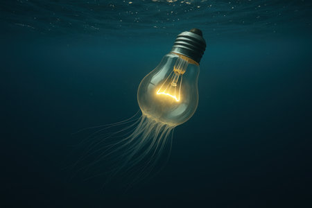 A jellyfish light bulb glows underwater. Space for textの素材