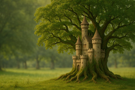 A castle that grew inside a huge tree in the forest. Space for textの素材