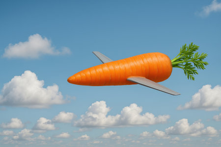 A carrot in the shape of an airplane, flying in the sky. Space for textの素材