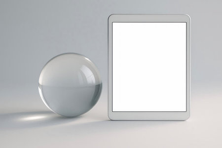 Transparent glass sphere next to a digital tablet. Space for textの素材