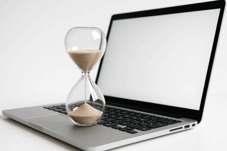 Hourglass on laptop keyboard. Space for textの素材