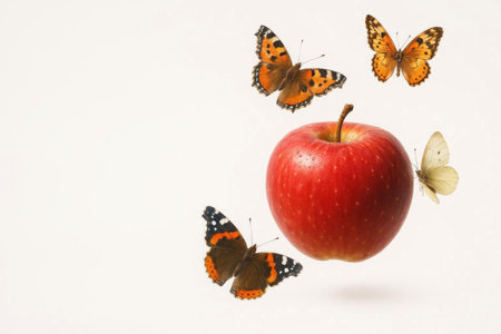 A red apple and butterflies on a light background. Space for textの素材
