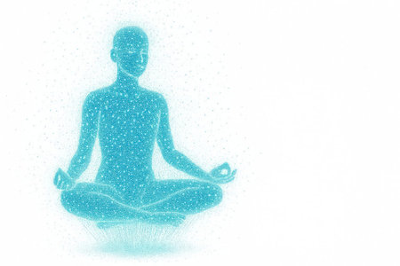 Silhouette of a person in a digital meditation made of blue dots. Space for textの素材