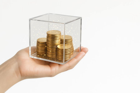 The hand is holding a transparent cube with gold coins inside. Space for textの素材