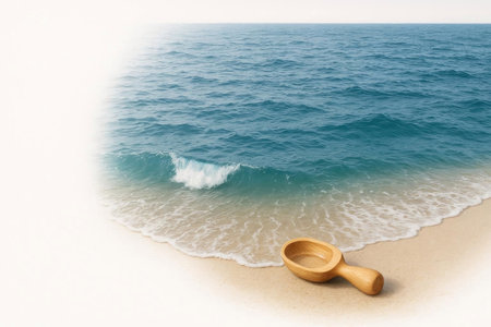 A wooden spoon lies on a sandy beach at the edge of the sea. Space for textの素材