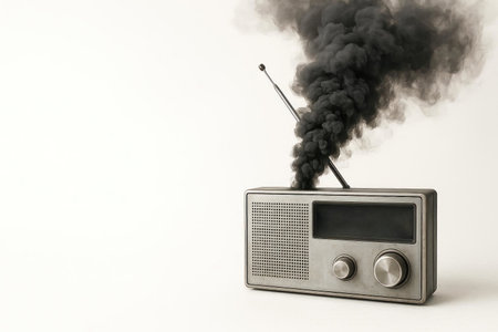 An old radio station with black smoke, a symbol of the information crisis. Space for textの素材