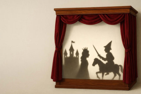 Shadow theater with a knight and a princess. Space for textの素材