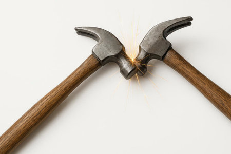 Two hammers collide, creating sparks, a symbol of conflict and energy. Space for textの素材