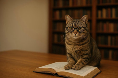 A cat with glasses is sitting on an open book in the library. Space for textの素材