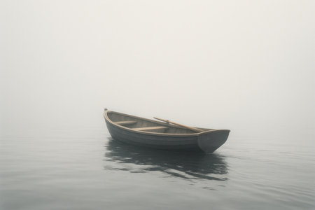 A lonely wooden boat in the fog on calm water. Space for textの素材