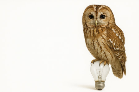 An owl sitting on a light bulb, symbolizing wisdom and ideas. Space for textの素材