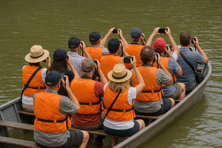 A group of people in life jackets pictures taking from a boatの素材