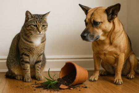 A cat and a dog next to an overturned pot and scattered earthの素材