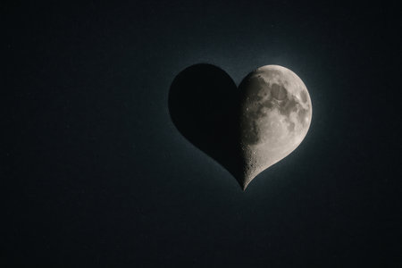 Heart-shaped moon in the night sky. Space for textの素材