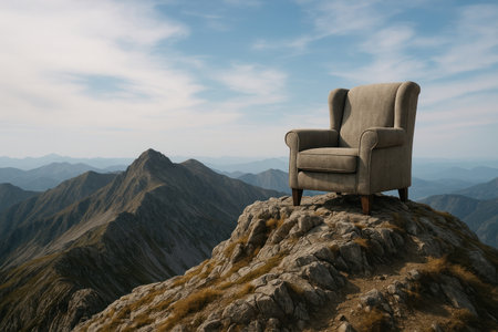 An armchair standing on the top of a mountain as a symbol of success. Space for textの素材